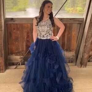 Aria Couture Navy Blue Diamond Studded Prom Dress With Open Back. Size Small